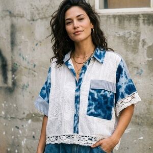 Anthropologie Pilcro Blue & White Patchwork Cabana Crop Shirt Large